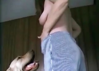 Hunter dog and a big boobed zoophile